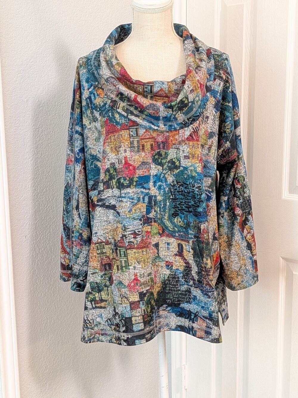 Ali Miles 2X Abstract Village Art Print Cowl Neck Sweater Top Brushed Knit